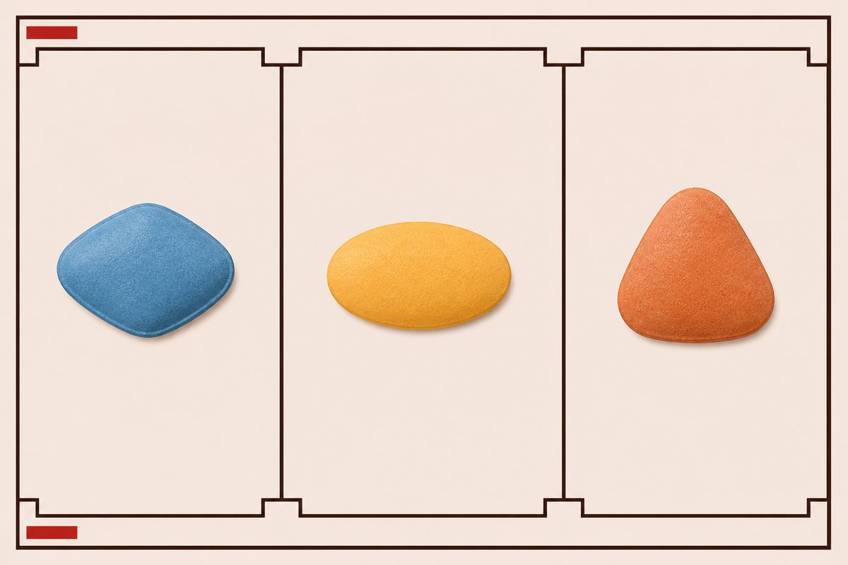 Cialis 2.5-20, Viagra 25-50, and Levitra 5-20 on one rack